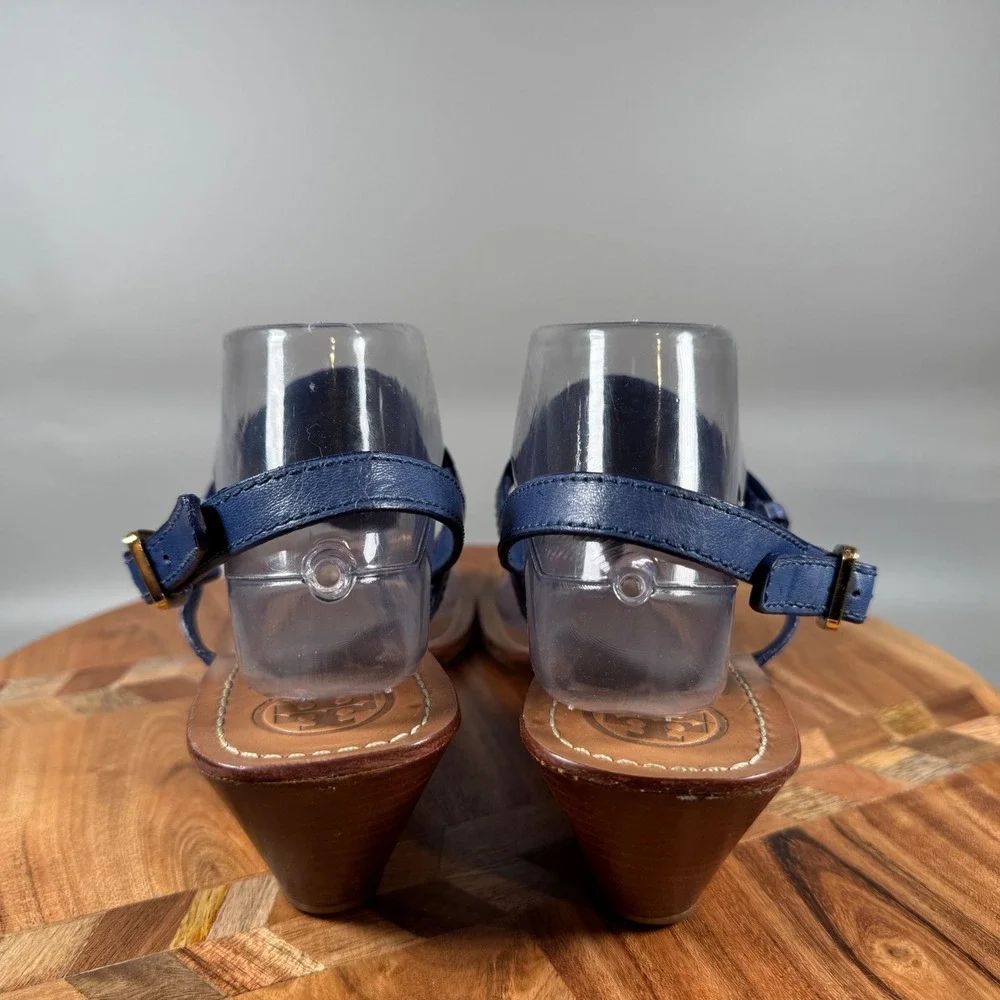 Tory Burch Miller Wedge Thong Sandals‎ Blue Leather Gold Logo Size 9M